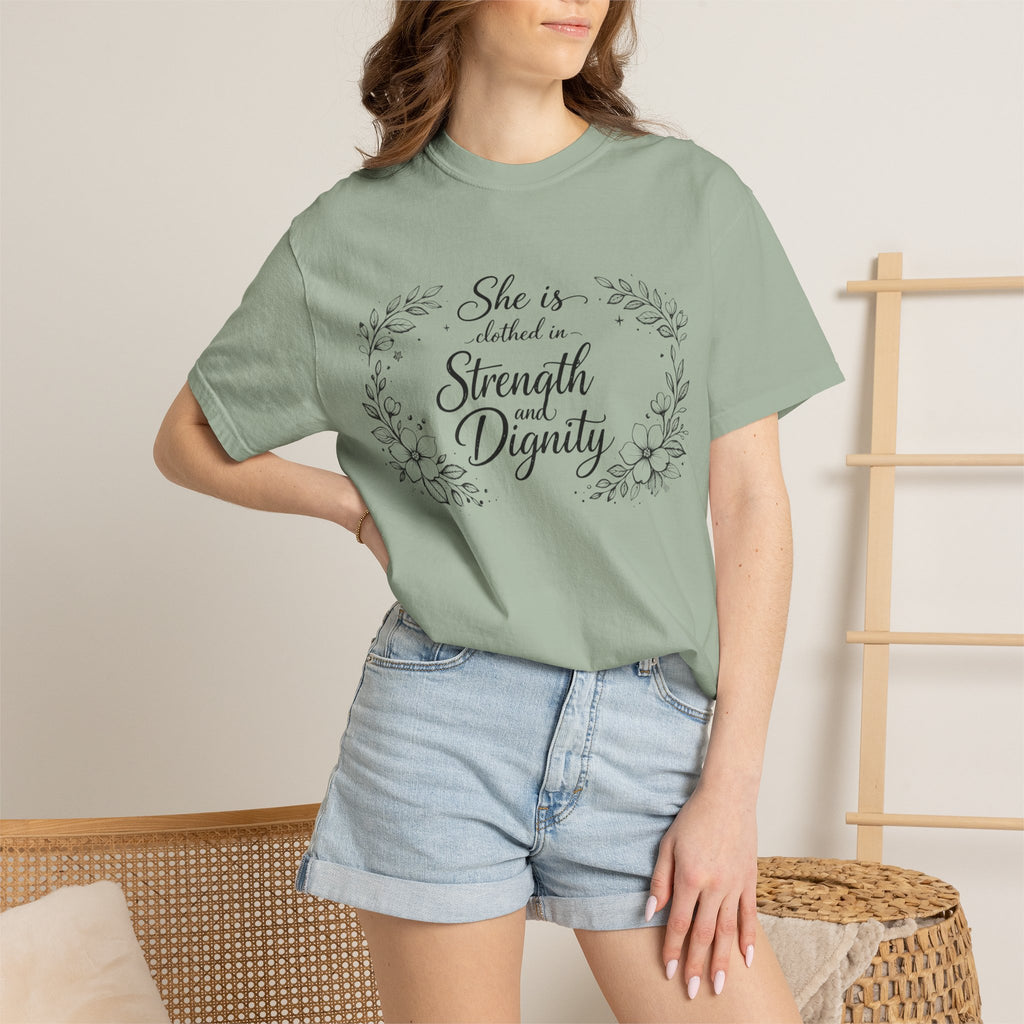 T-Shirt — “She is clothed in Strength and Dignity” Floral Scripture Tee