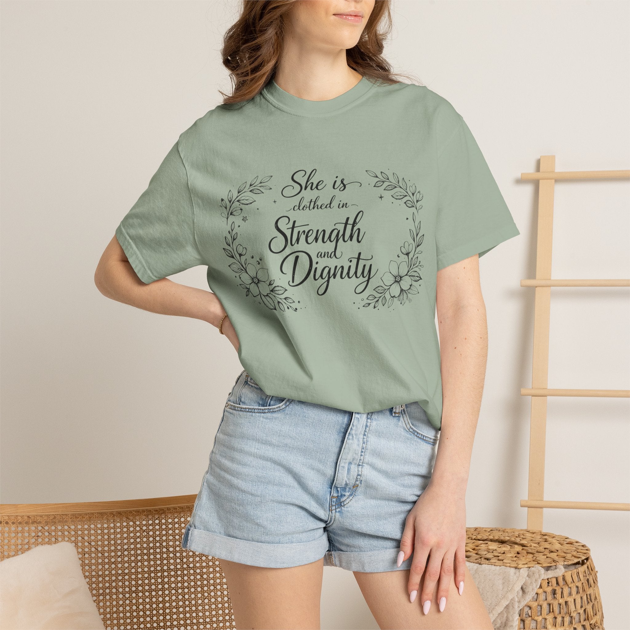 T-Shirt — “She is clothed in Strength and Dignity” Floral Scripture Tee
