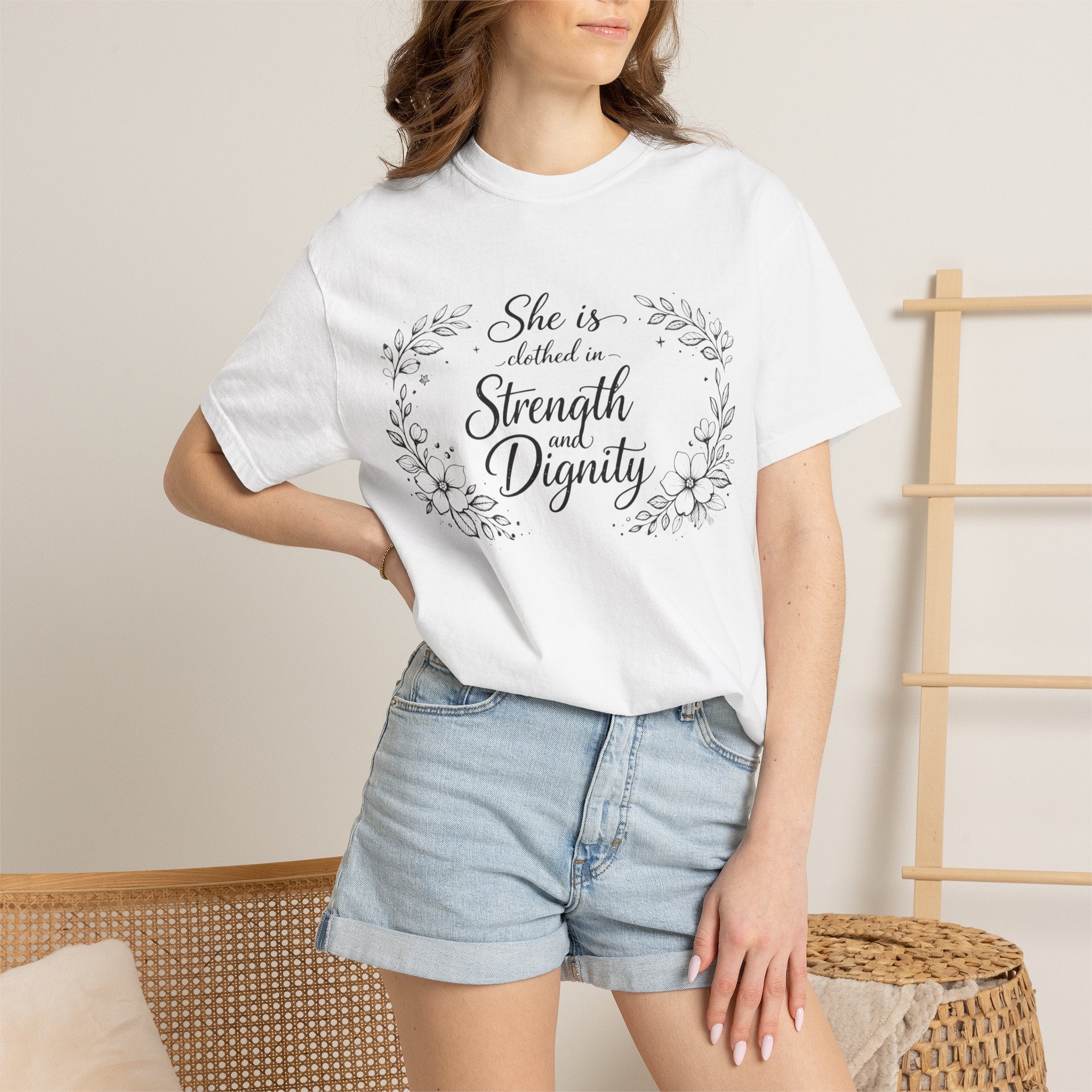 T-Shirt — “She is clothed in Strength and Dignity” Floral Scripture Tee