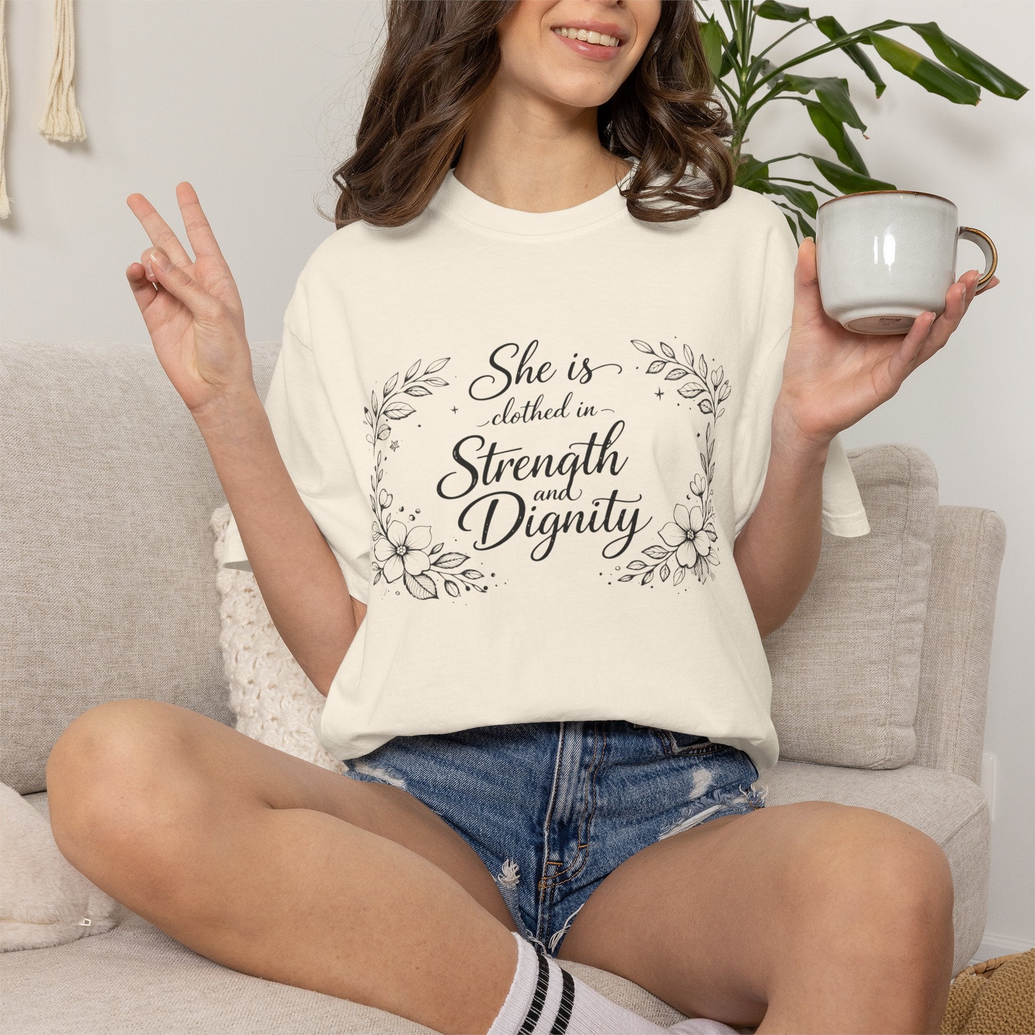 T-Shirt — “She is clothed in Strength and Dignity” Floral Scripture Tee