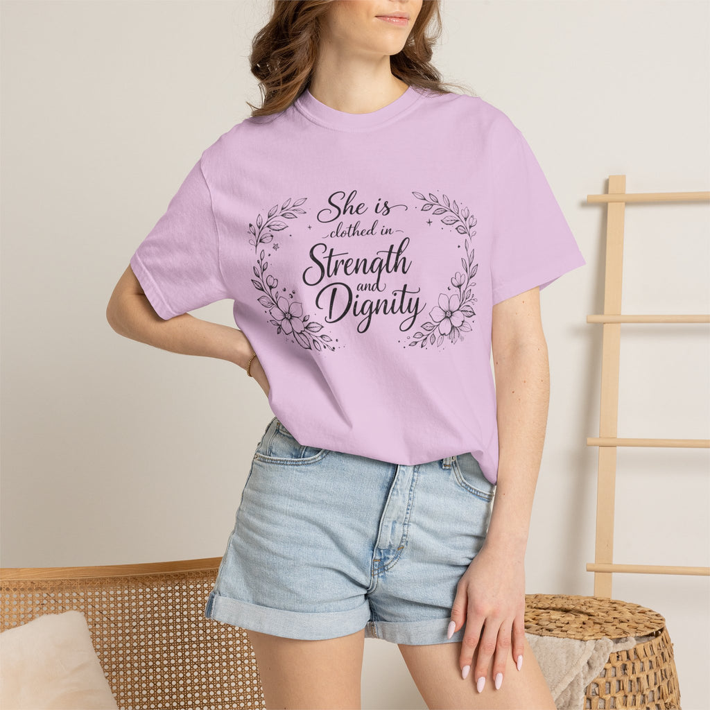 T-Shirt — “She is clothed in Strength and Dignity” Floral Scripture Tee