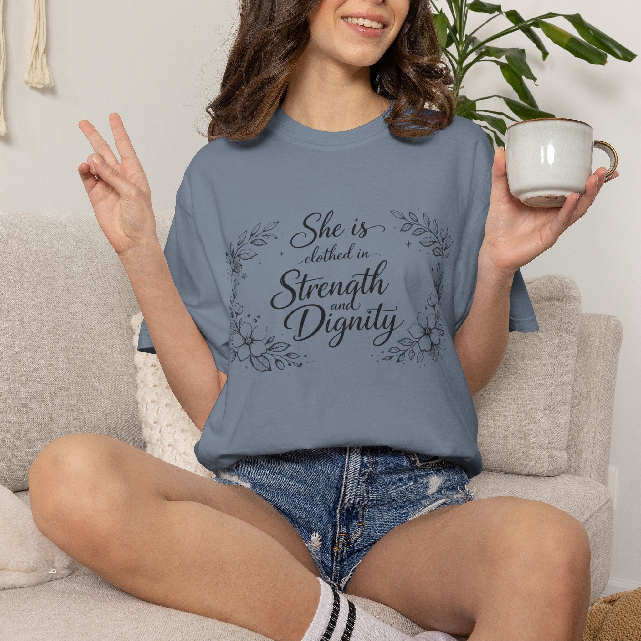 T-Shirt — “She is clothed in Strength and Dignity” Floral Scripture Tee