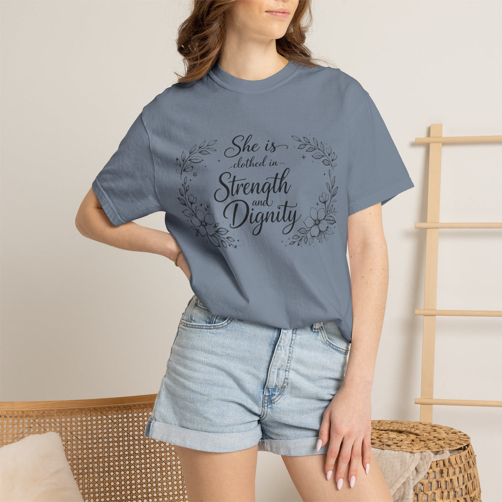 T-Shirt — “She is clothed in Strength and Dignity” Floral Scripture Tee
