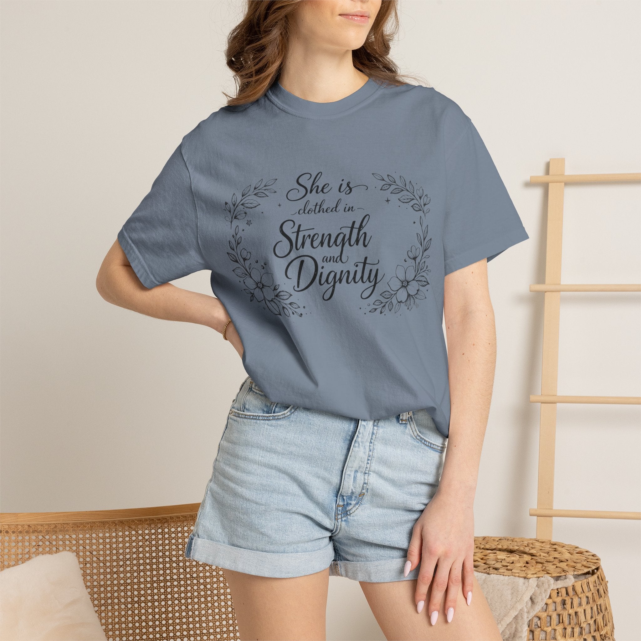 T-Shirt — “She is clothed in Strength and Dignity” Floral Scripture Tee