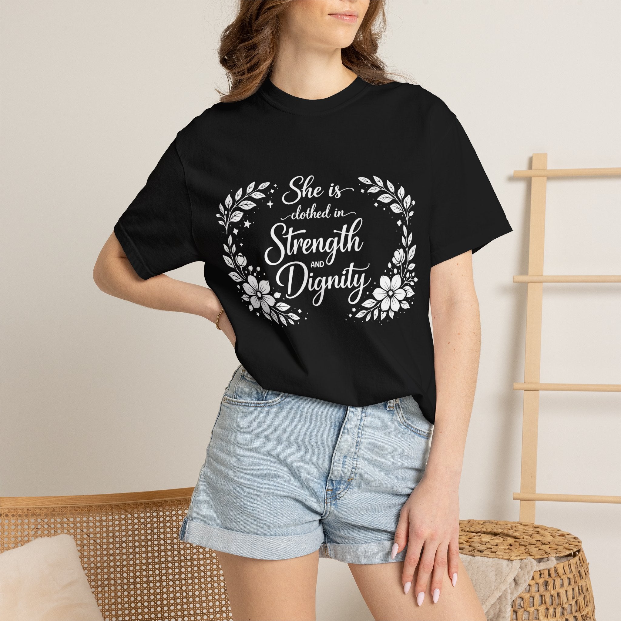 T-Shirt — “She is clothed in Strength and Dignity” Floral Scripture Tee