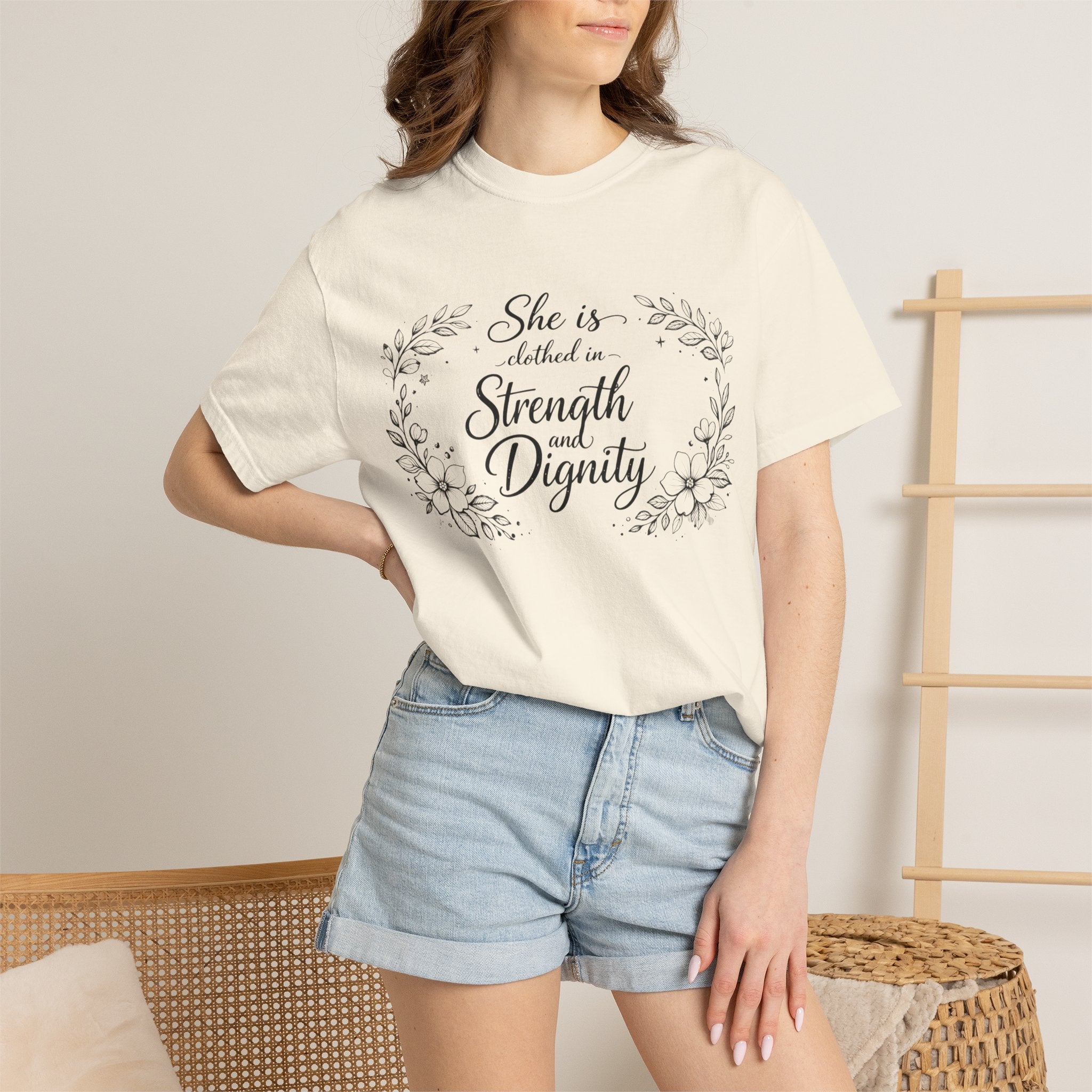 T-Shirt — “She is clothed in Strength and Dignity” Floral Scripture Tee