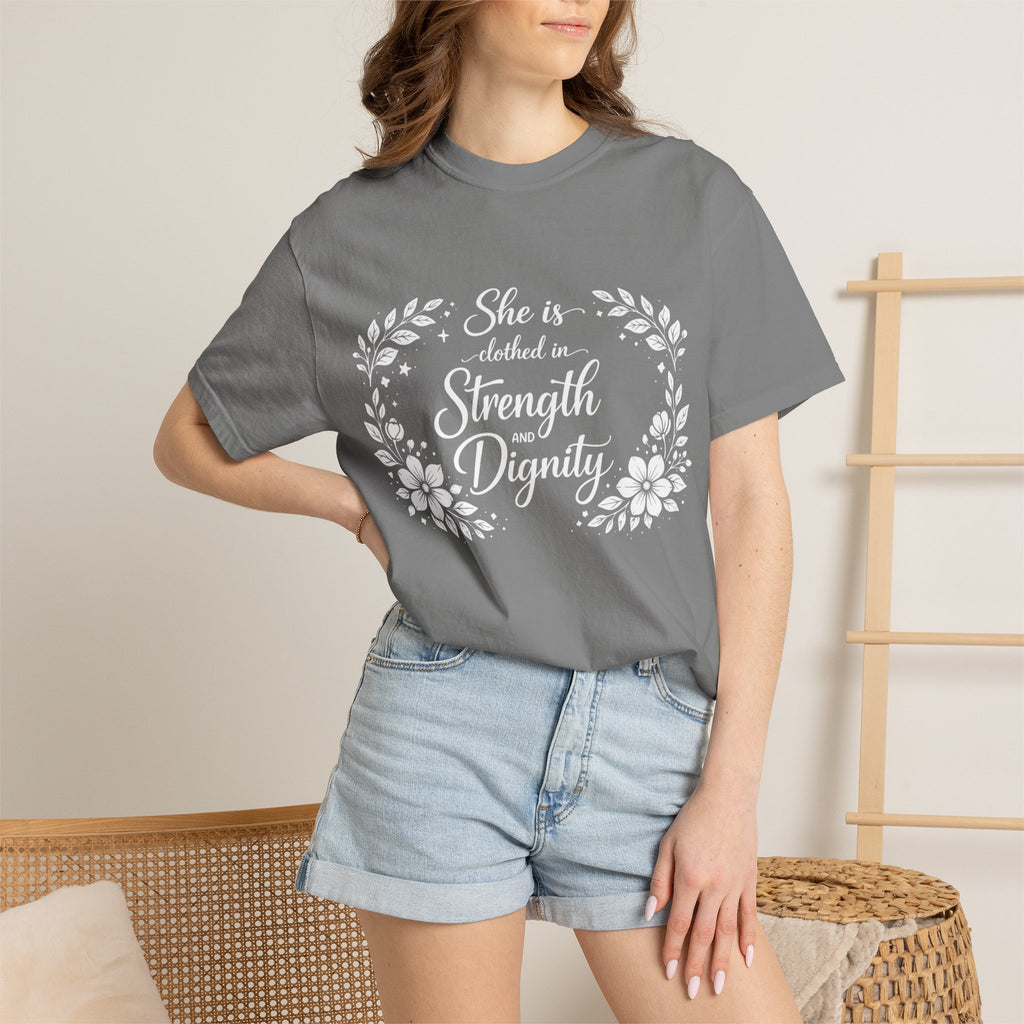 T-Shirt — “She is clothed in Strength and Dignity” Floral Scripture Tee