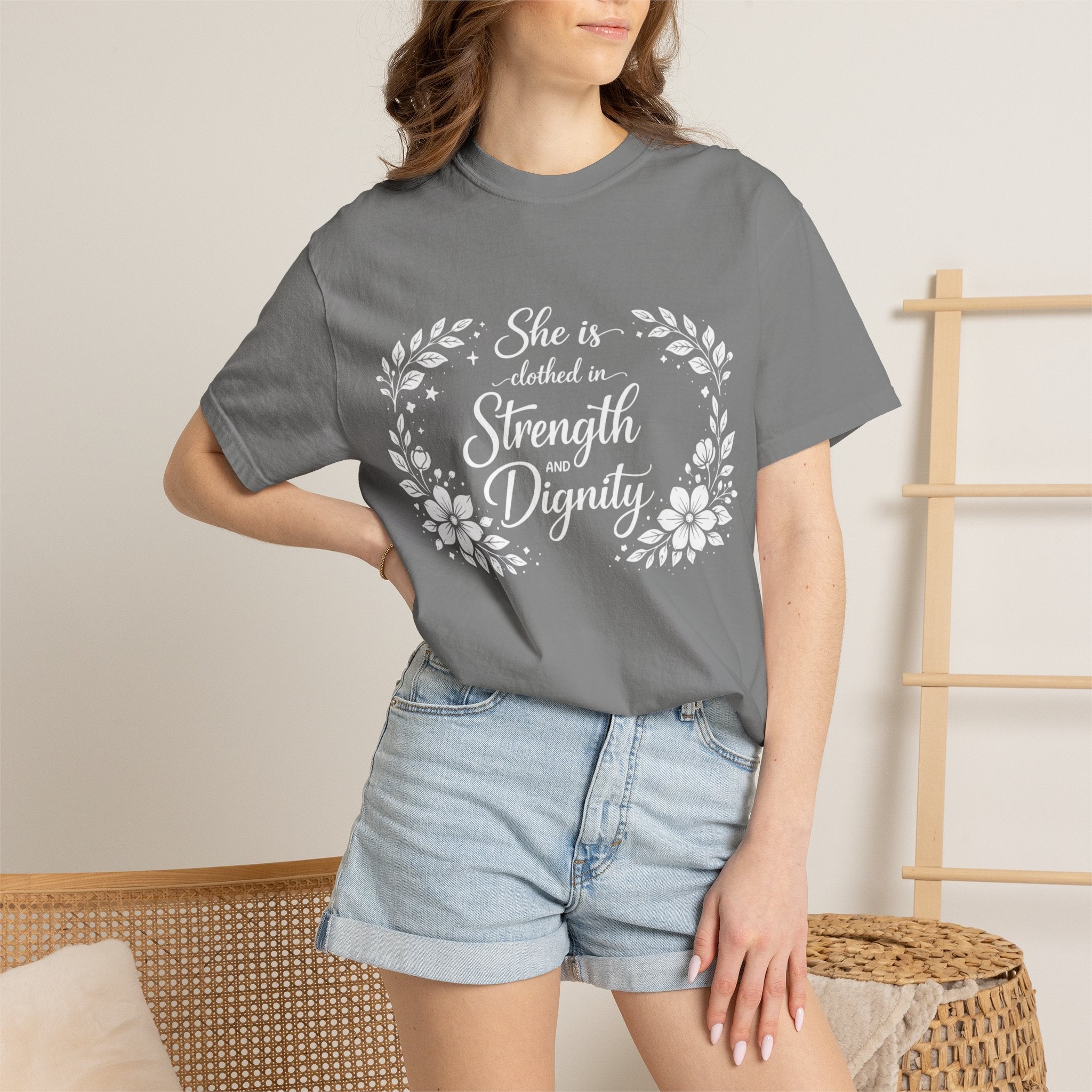 T-Shirt — “She is clothed in Strength and Dignity” Floral Scripture Tee